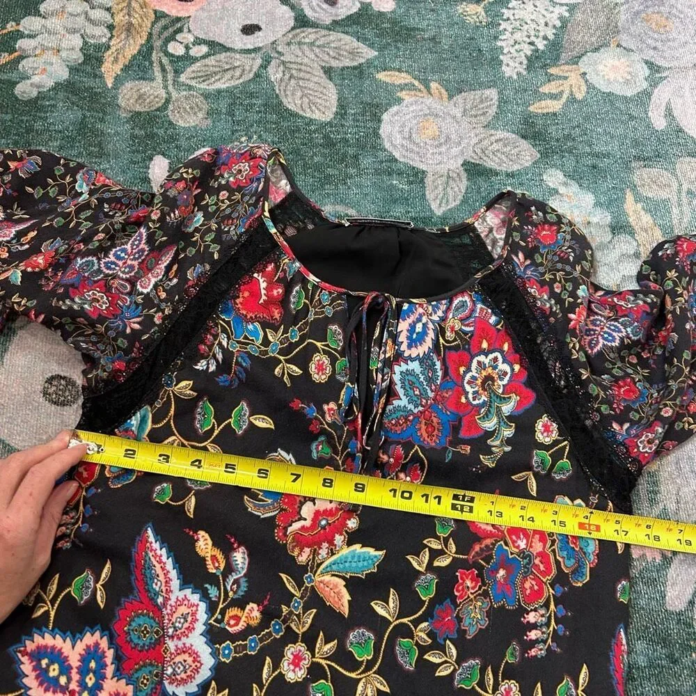 Alice + Olivia Lakita Tunic Dress Small Black Floral Long Sleeve Tiered Lace Boh - Picture 12 of 16